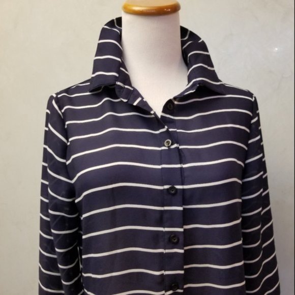 Darling Long navy striped button down shirt size M (L15) - Picture 7 of 8